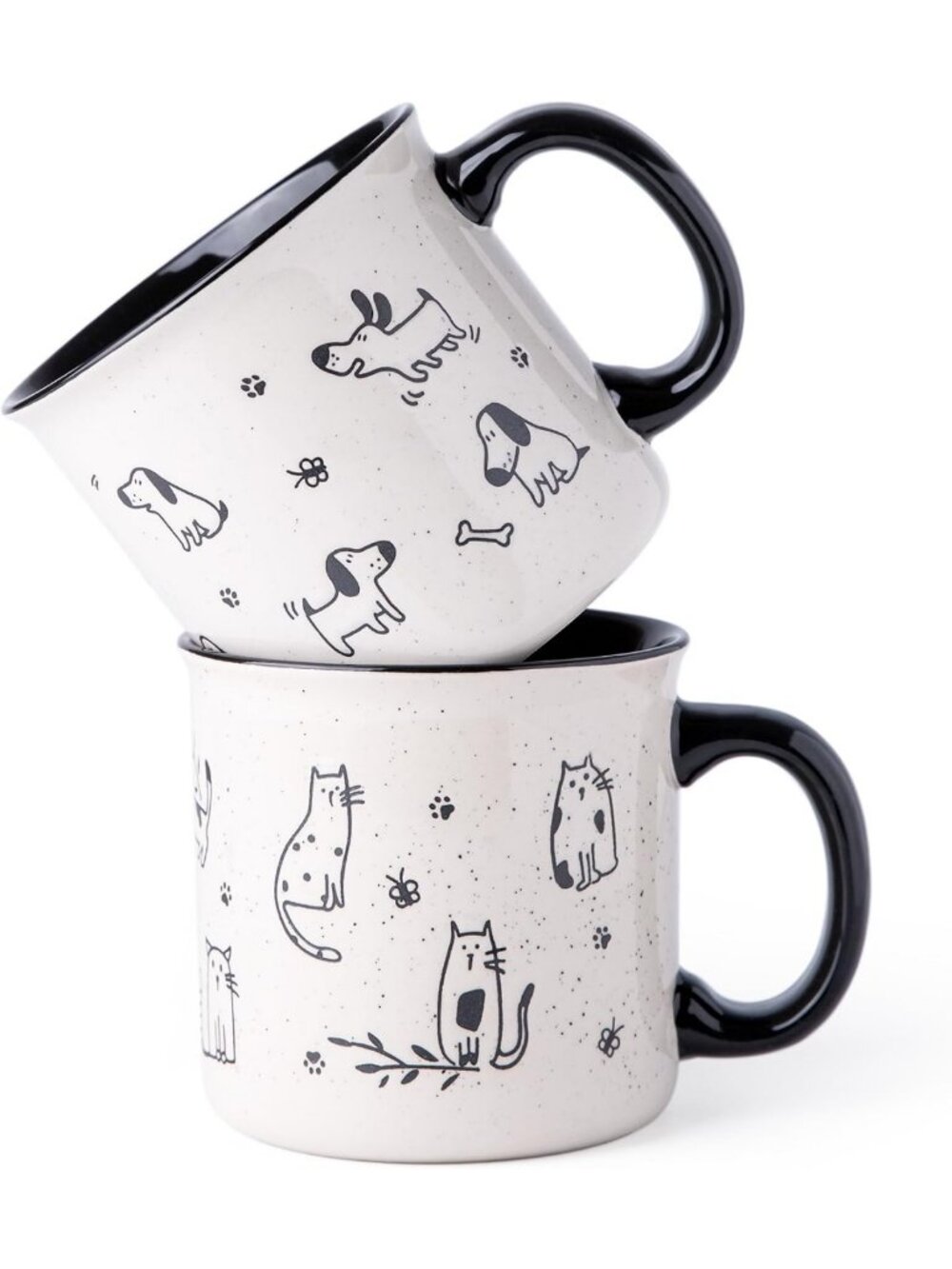 Set of 2 Oversized Ceramic Coffee Mugs with Big Handles - Dog & Cat Patterns